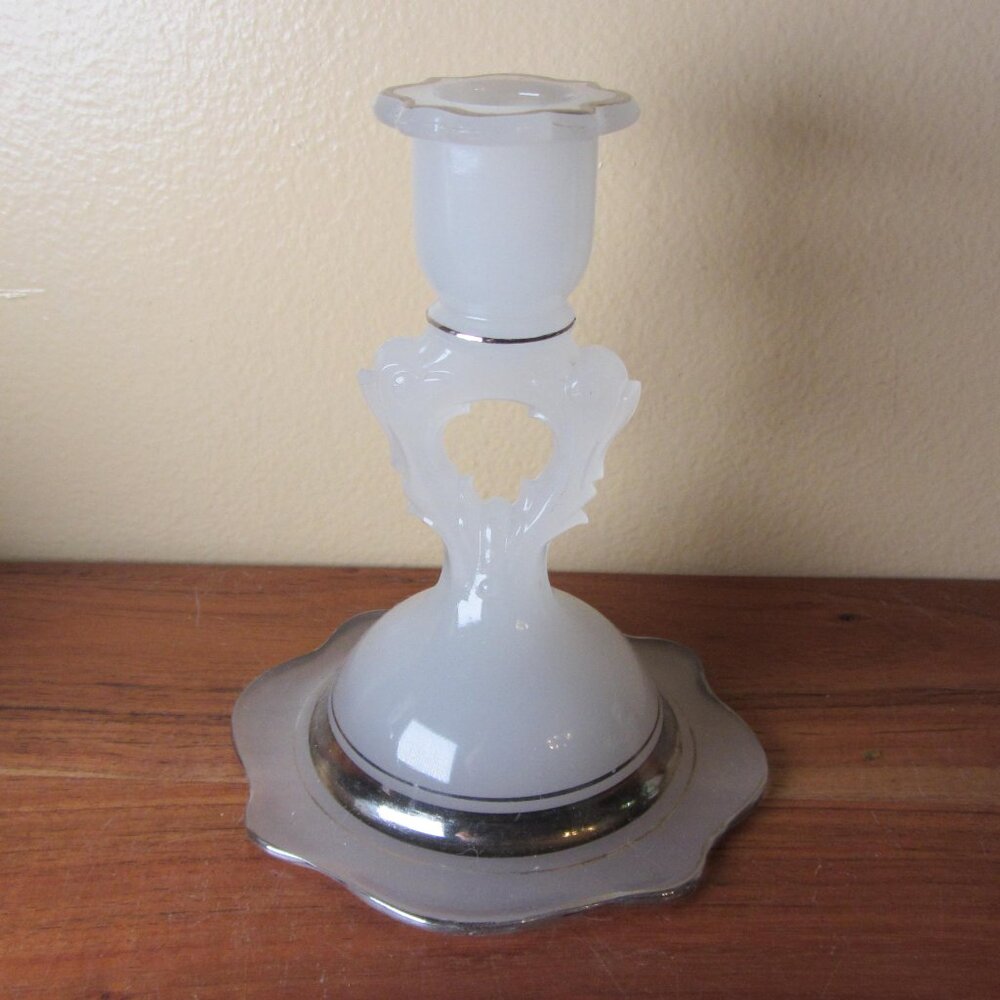 vintage beaumont glass candlestick holder keyhole white silver trim (H276)
